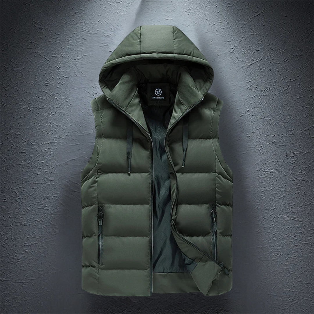Puffer Vest – ärmellose Weste mit Kapuze und Reißverschluss für Herren als wärmende Körperbedeckung für den Winter