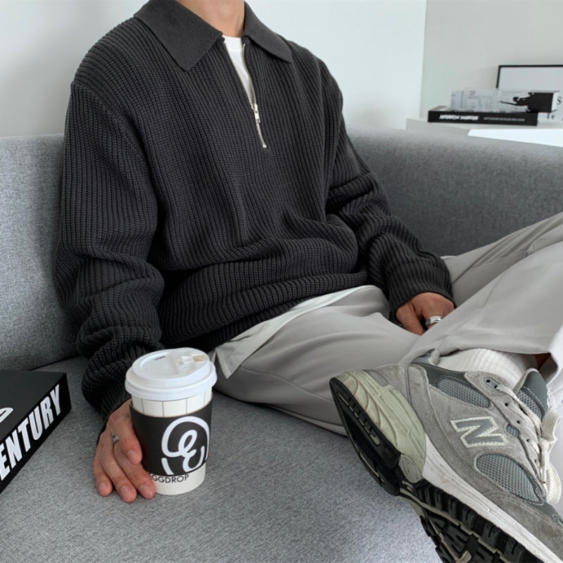 Pullover mit halbem Reißverschluss | Rippenstrick | Halsband | Strickpullover | Herrenpullover mit viertel Reißverschluss