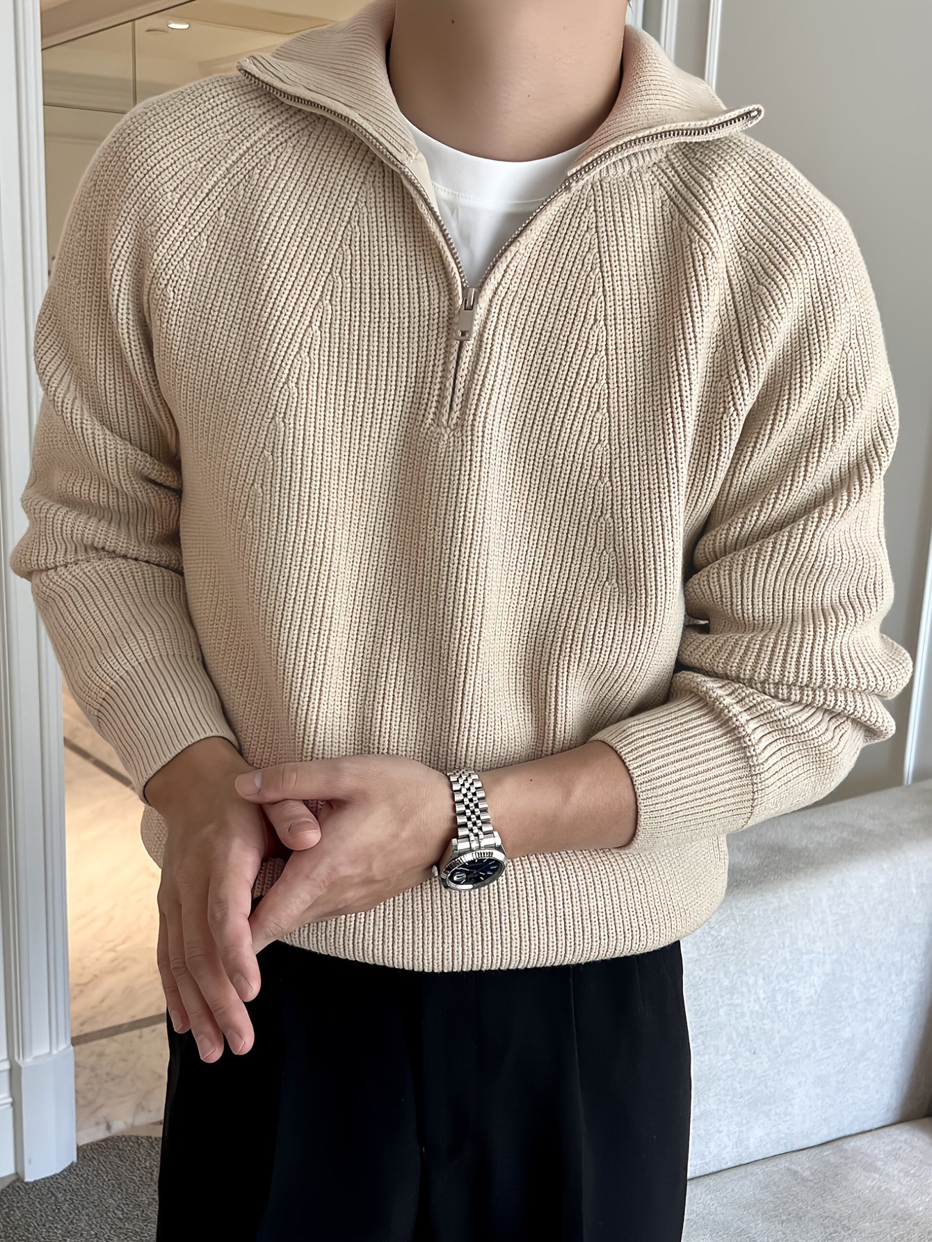 Pullover mit halbem Reißverschluss – warmer, langärmliger Strickpullover für Herren