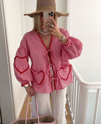 Damen Gingham Bluse – Lockere Passform mit Rüschen & Schleife