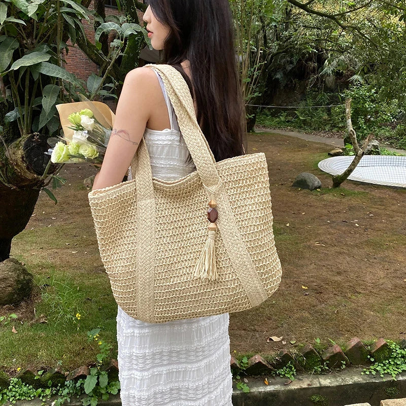 Boho Strandtasche Damen – Handgewebter Shopper mit Quaste & Reißverschluss