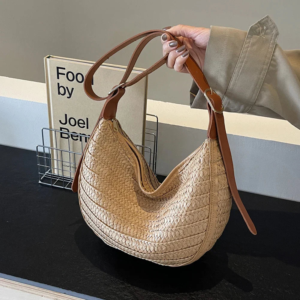 Damen Strohtasche Sommer – Handgemachte Boho Strandtasche mit Reißverschluss