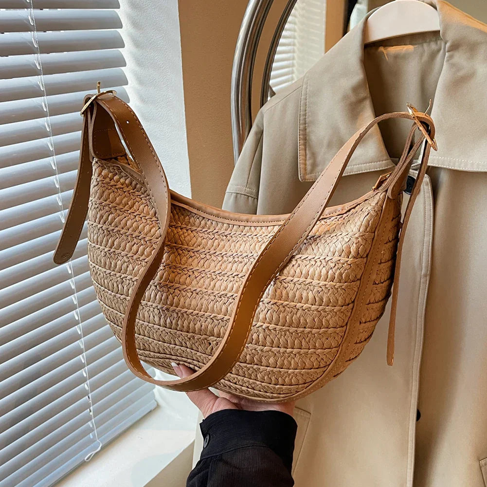 Damen Strohtasche Sommer – Handgemachte Boho Strandtasche mit Reißverschluss