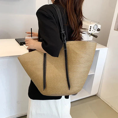 Luxus Boho Strohtasche Damen – Handgemachte Strandtasche mit veganem Leder