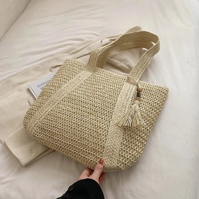 Boho Strandtasche Damen – Handgewebter Shopper mit Quaste & Reißverschluss