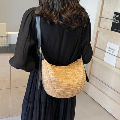 Damen Strohtasche Sommer – Handgemachte Boho Strandtasche mit Reißverschluss