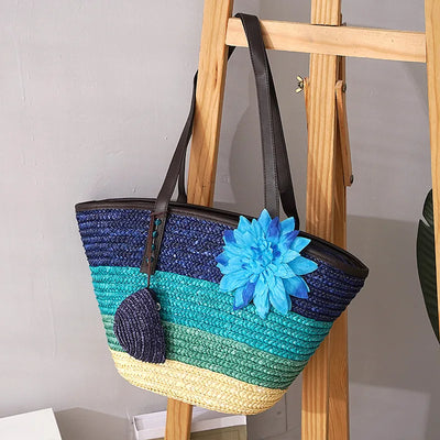 Große Strohtasche Damen – Handgefertigte Strandtasche mit Vegan-Leder-Trägern
