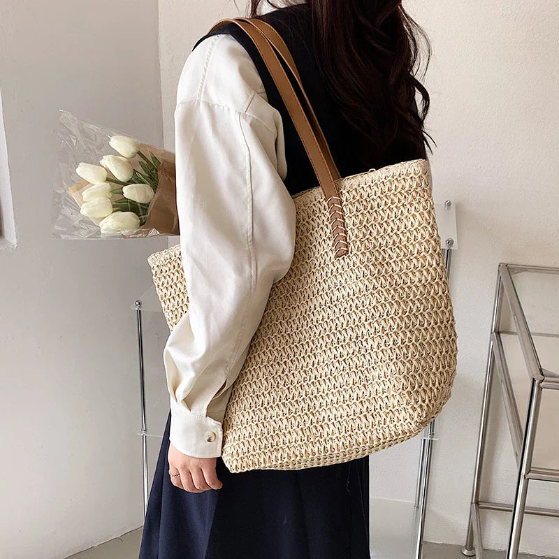Boho Strohtasche Damen – Handgefertigte Große Strandtasche