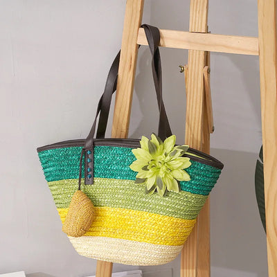 Große Strohtasche Damen – Handgefertigte Strandtasche mit Vegan-Leder-Trägern