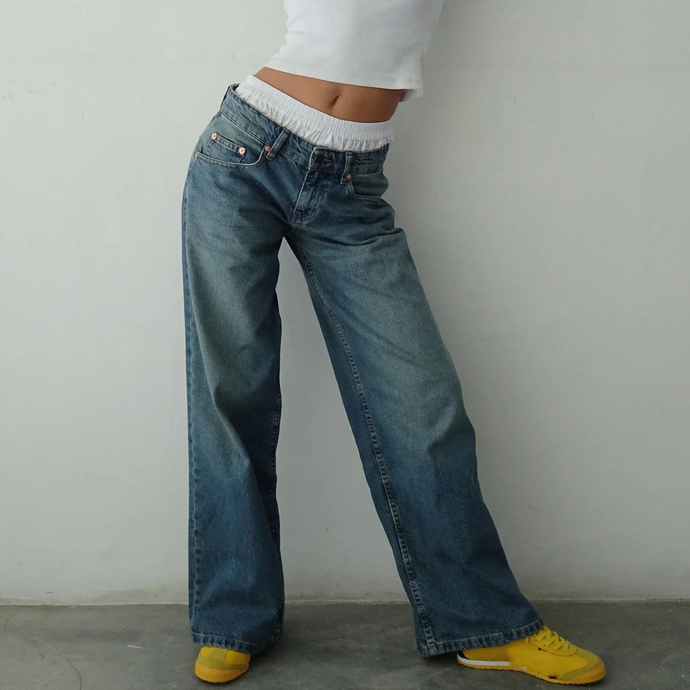 Damen-Weitbein-Jeans im hellen Vintage-Look