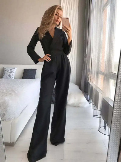 Damen Sommer-Jumpsuit mit langen Ärmeln und V-Ausschnitt