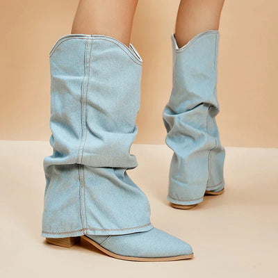 Damen Denim Stiefel mit Blockabsatz