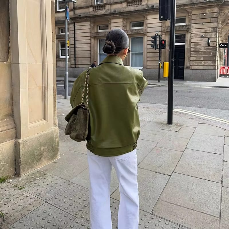 Armeegrün Übergroße Lederjacke