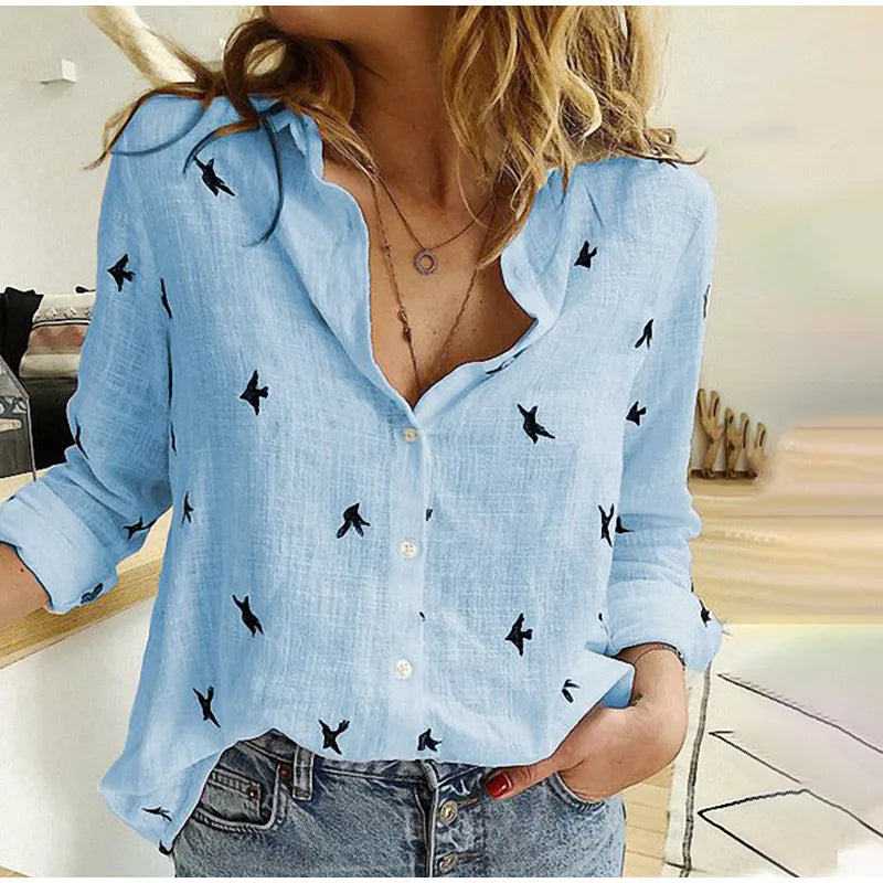 Damen Langarmshirt Mit Vogelmuster | Button Down