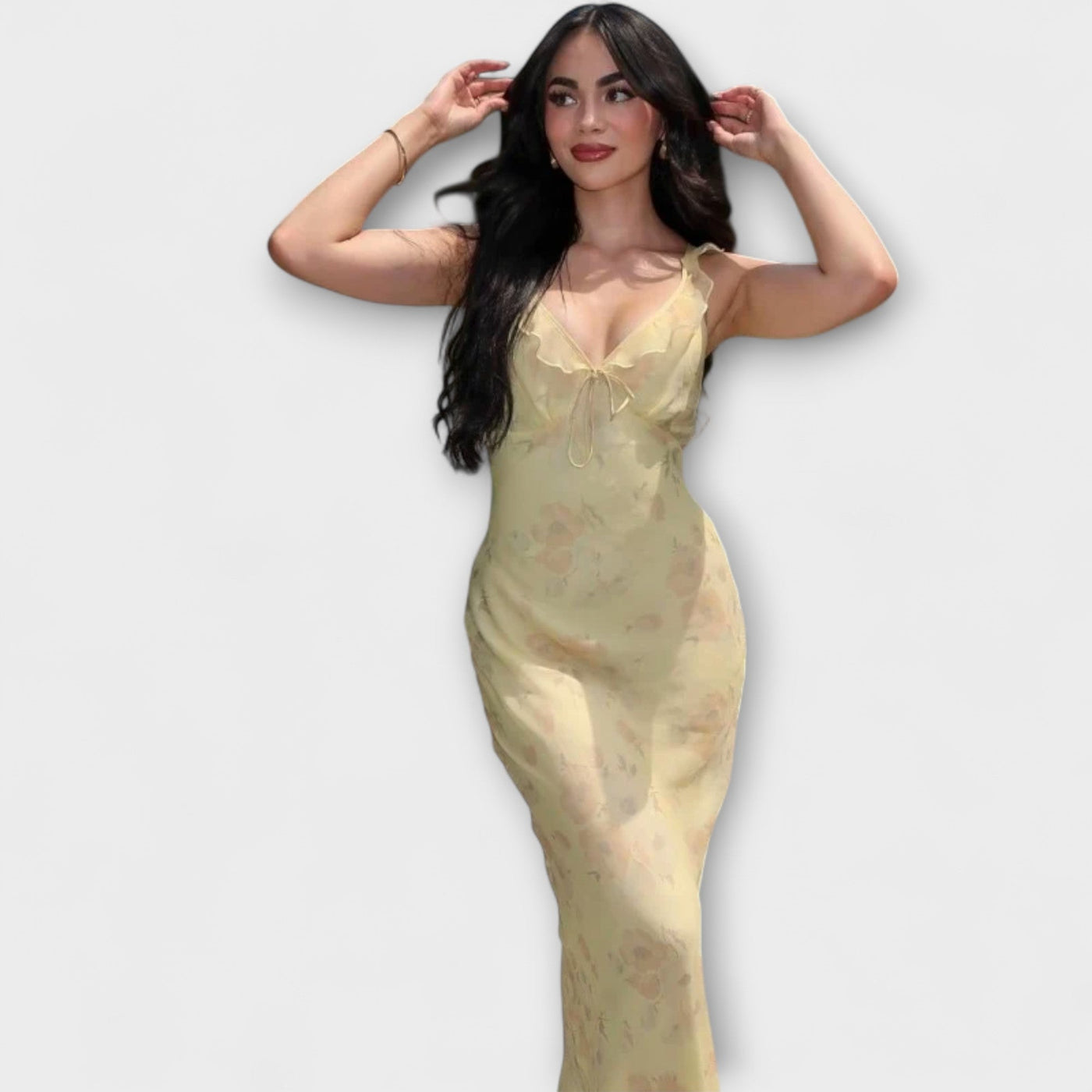 Maxikleid mit geheimnisvollem Blumenmuster und tiefem Ausschnitt