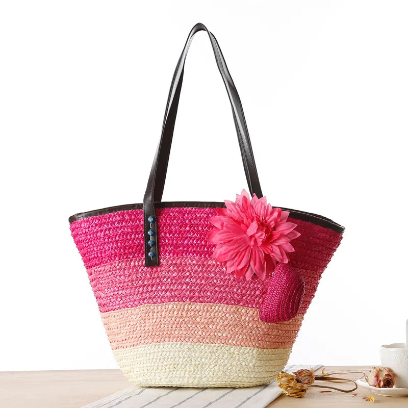Große Strohtasche Damen – Handgefertigte Strandtasche mit Vegan-Leder-Trägern