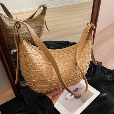 Damen Strohtasche Sommer – Handgemachte Boho Strandtasche mit Reißverschluss