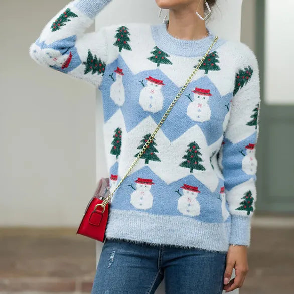 Pullover mit Schneemann-Muster für Damen