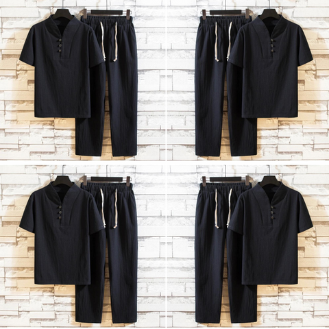 Jordano – herren-kurzarm-t-shirt und knöchellange hose aus baumwolle und leinen