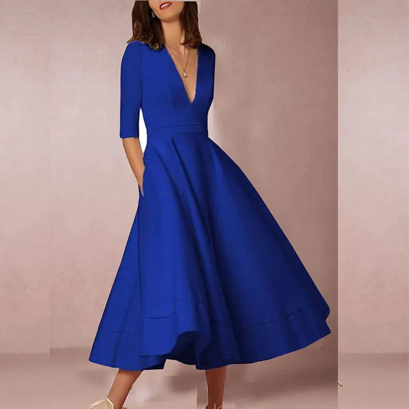 Damen Midi Kleid mit tiefem V-Ausschnitt und Dreiviertelärmel