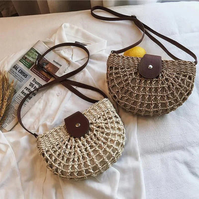Geflochtene Strohtasche – Veganer Lederhenkel, Sommertasche