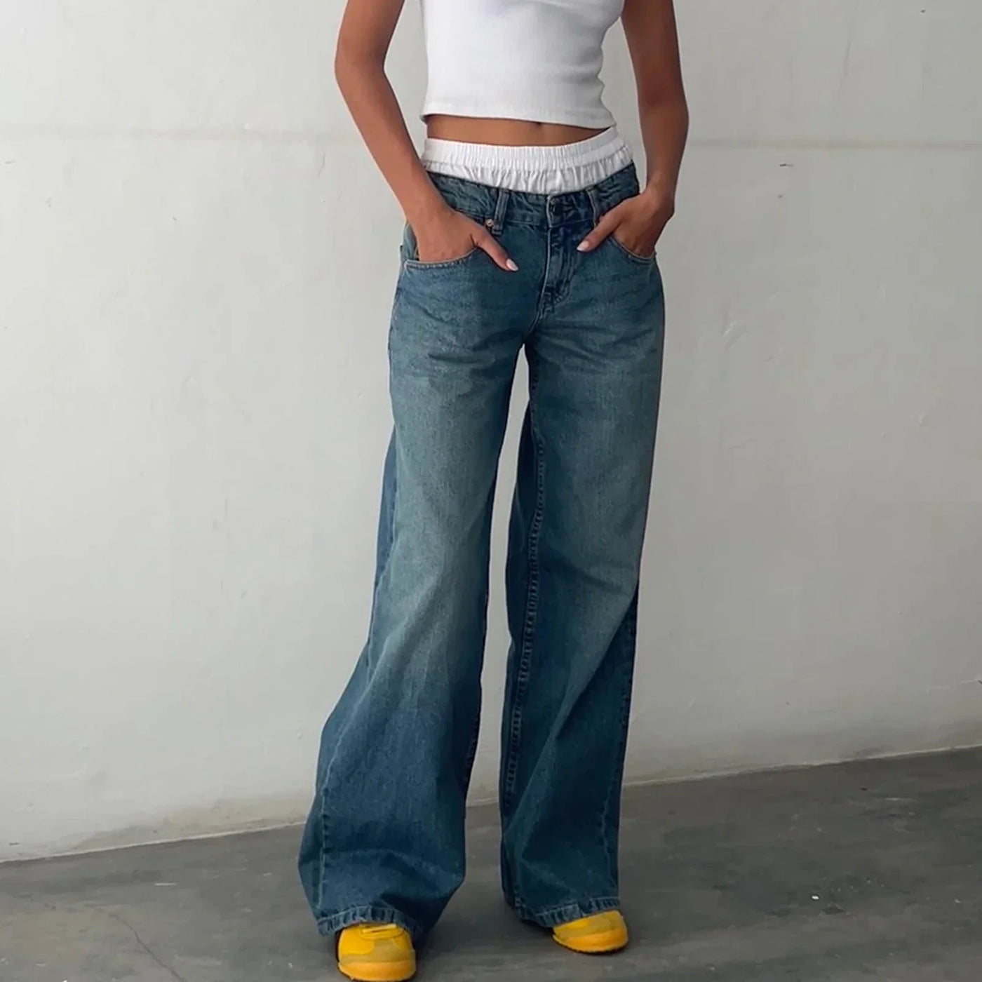 Damen-Weitbein-Jeans im hellen Vintage-Look
