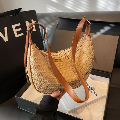 Damen Strohtasche Sommer – Handgemachte Boho Strandtasche mit Reißverschluss