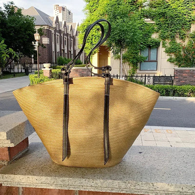 Luxus Boho Strohtasche Damen – Handgemachte Strandtasche mit veganem Leder