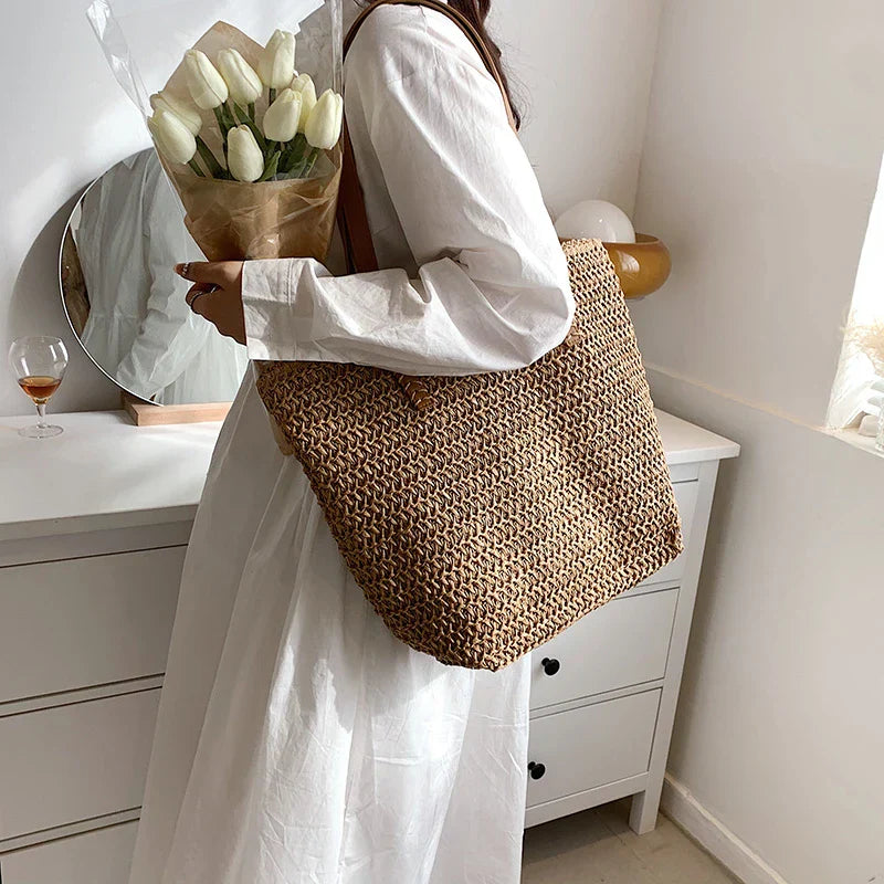 Boho Strohtasche Damen – Handgefertigte Große Strandtasche