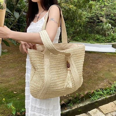 Boho Strandtasche Damen – Handgewebter Shopper mit Quaste & Reißverschluss