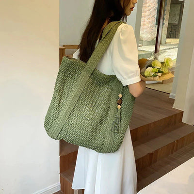 Boho Strandtasche Damen – Handgewebter Shopper mit Quaste & Reißverschluss