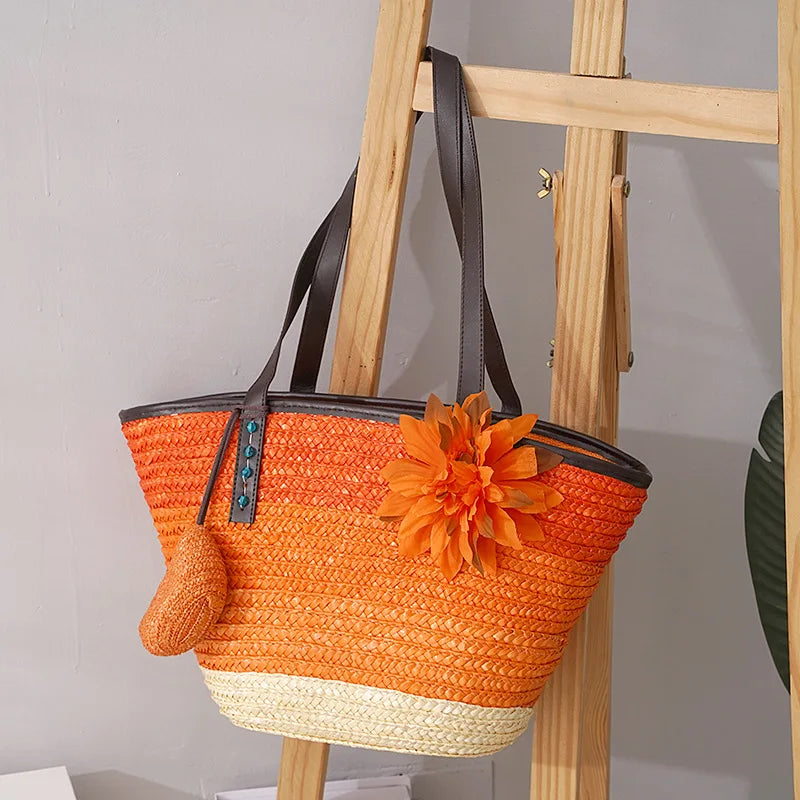 Große Strohtasche Damen – Handgefertigte Strandtasche mit Vegan-Leder-Trägern