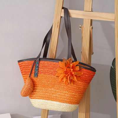 Große Strohtasche Damen – Handgefertigte Strandtasche mit Vegan-Leder-Trägern