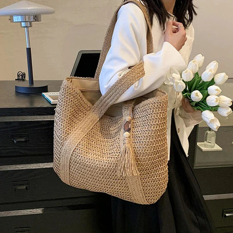Boho Strandtasche Damen – Handgewebter Shopper mit Quaste & Reißverschluss