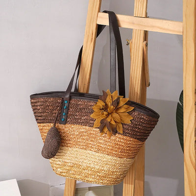 Große Strohtasche Damen – Handgefertigte Strandtasche mit Vegan-Leder-Trägern