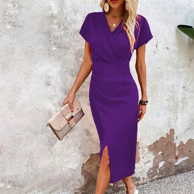 Damen Sommer Midikleid mit kurzen Ärmeln und V-Ausschnitt