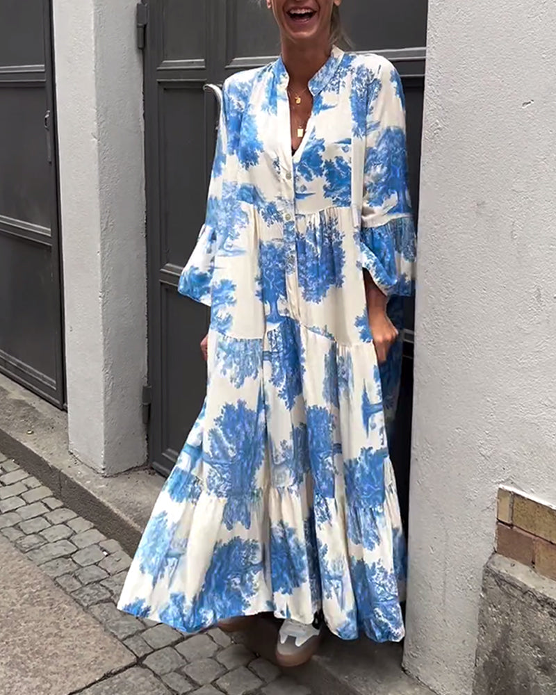 Maxikleid mit Print, Volantärmeln & Stehkragen – Stilvoll & Luftig