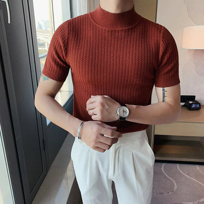 Strick-T-Shirt | Hoher Kragen | Kurzarm | Rollkragen-T-Shirt | Herrenbekleidung