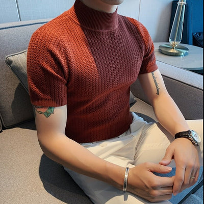 Strick-T-Shirt | Hoher Kragen | Kurzarm | Rollkragen-T-Shirt | Herrenbekleidung