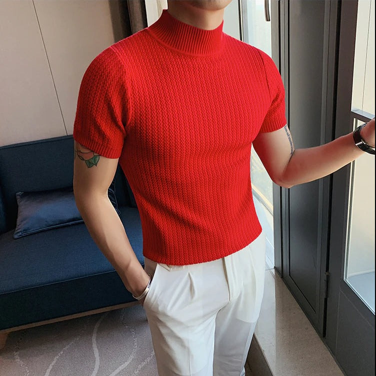 Strick-T-Shirt | Hoher Kragen | Kurzarm | Rollkragen-T-Shirt | Herrenbekleidung