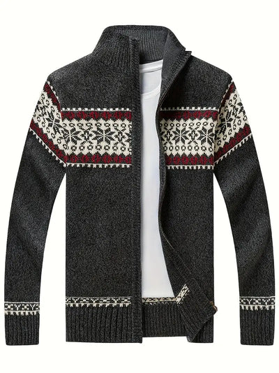 Strickjacke – Warme Winter-Strickjacke für Herren mit Reißverschluss und Schneeflockenmotiv