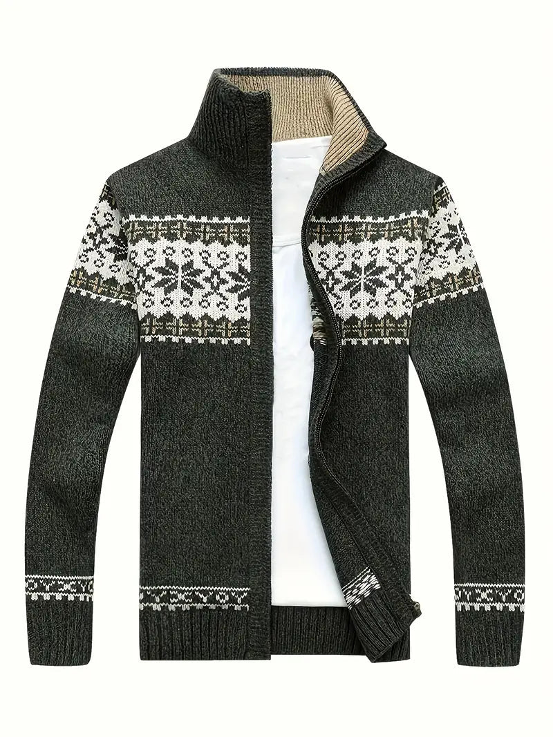 Strickjacke – Warme Winter-Strickjacke für Herren mit Reißverschluss und Schneeflockenmotiv
