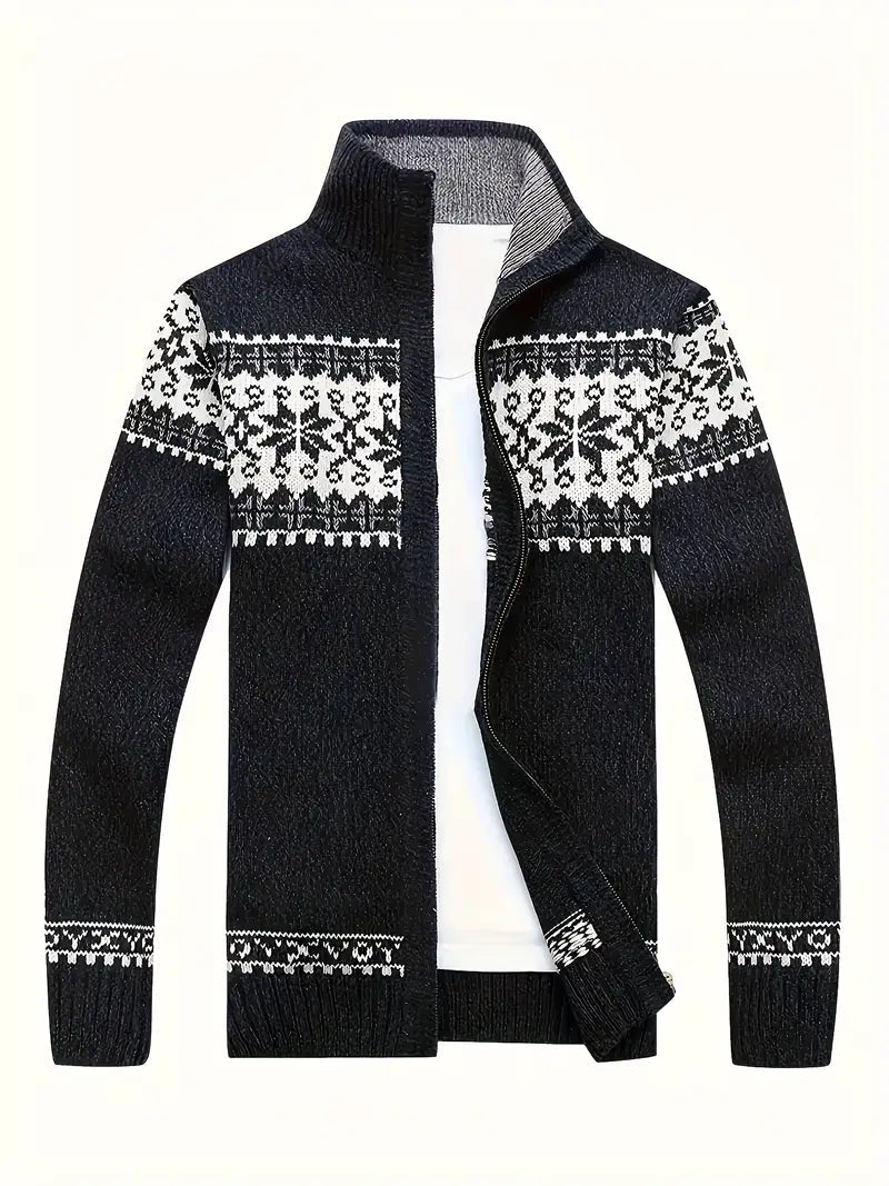Strickjacke – Warme Winter-Strickjacke für Herren mit Reißverschluss und Schneeflockenmotiv