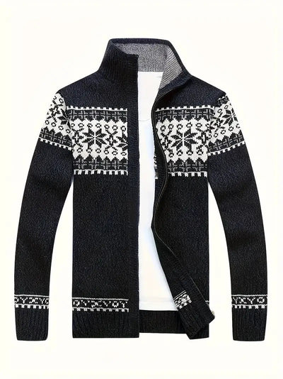 Strickjacke – Warme Winter-Strickjacke für Herren mit Reißverschluss und Schneeflockenmotiv