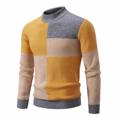 Strickpullover – schmal geschnittener Herren-Pullover mit hohem Kragen und Patchworkmuster