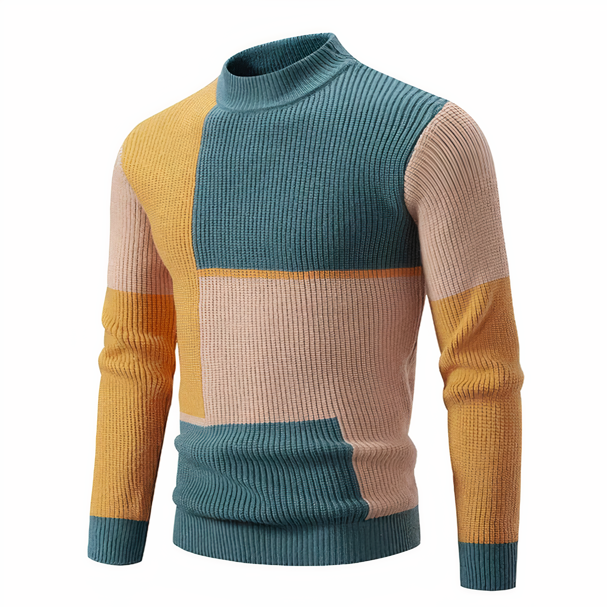 Strickpullover – schmal geschnittener Herren-Pullover mit hohem Kragen und Patchworkmuster