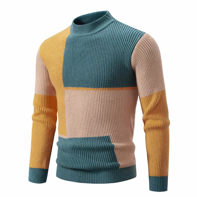 Strickpullover – schmal geschnittener Herren-Pullover mit hohem Kragen und Patchworkmuster