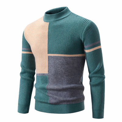 Strickpullover – schmal geschnittener Herren-Pullover mit hohem Kragen und Patchworkmuster