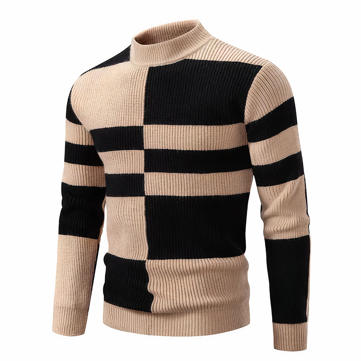 Strickpullover – schmal geschnittener Herren-Pullover mit hohem Kragen und Patchworkmuster