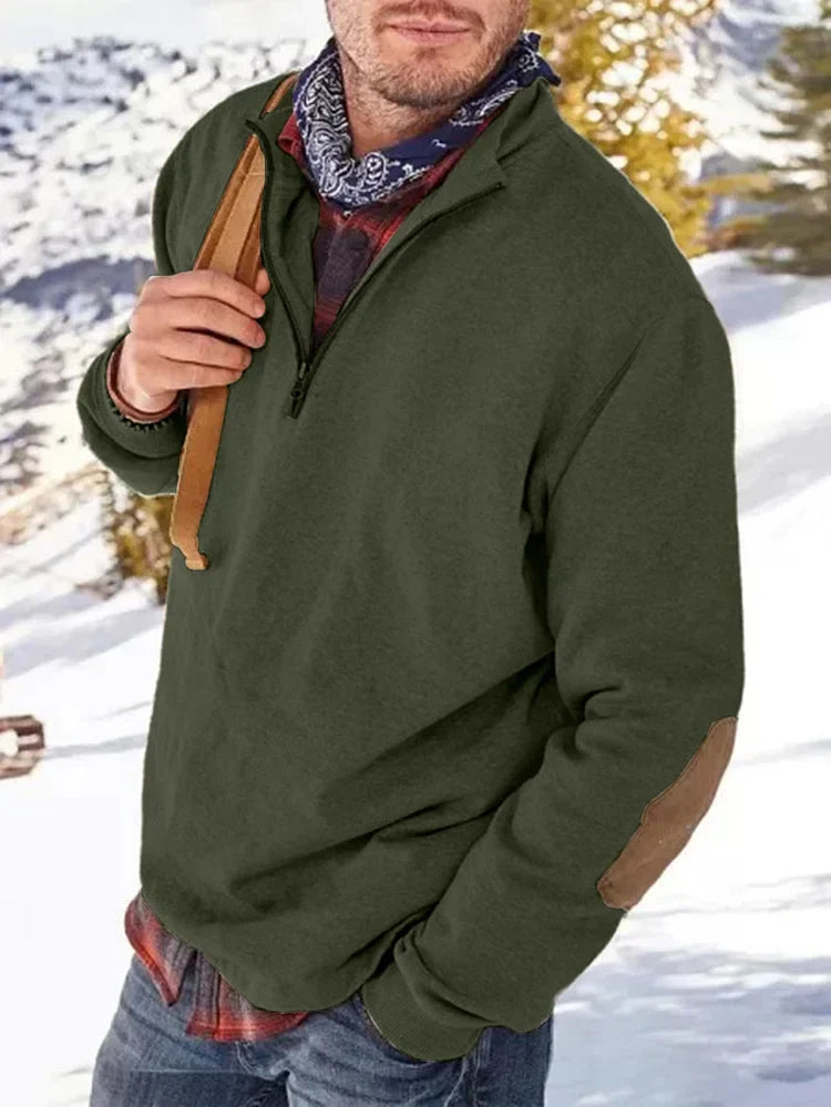 Sweatshirt mit Reißverschluss | Lässig | Ellbogen-Aufnäher | Sweatshirt mit halbem Reißverschluss | Herrenbekleidung